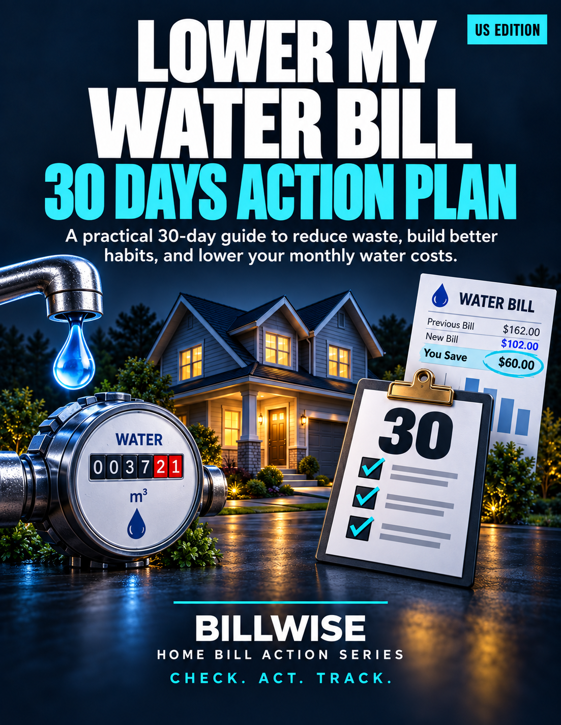 Cover of the BillWise guide Lower My Water Bill: 30-Day Action Plan