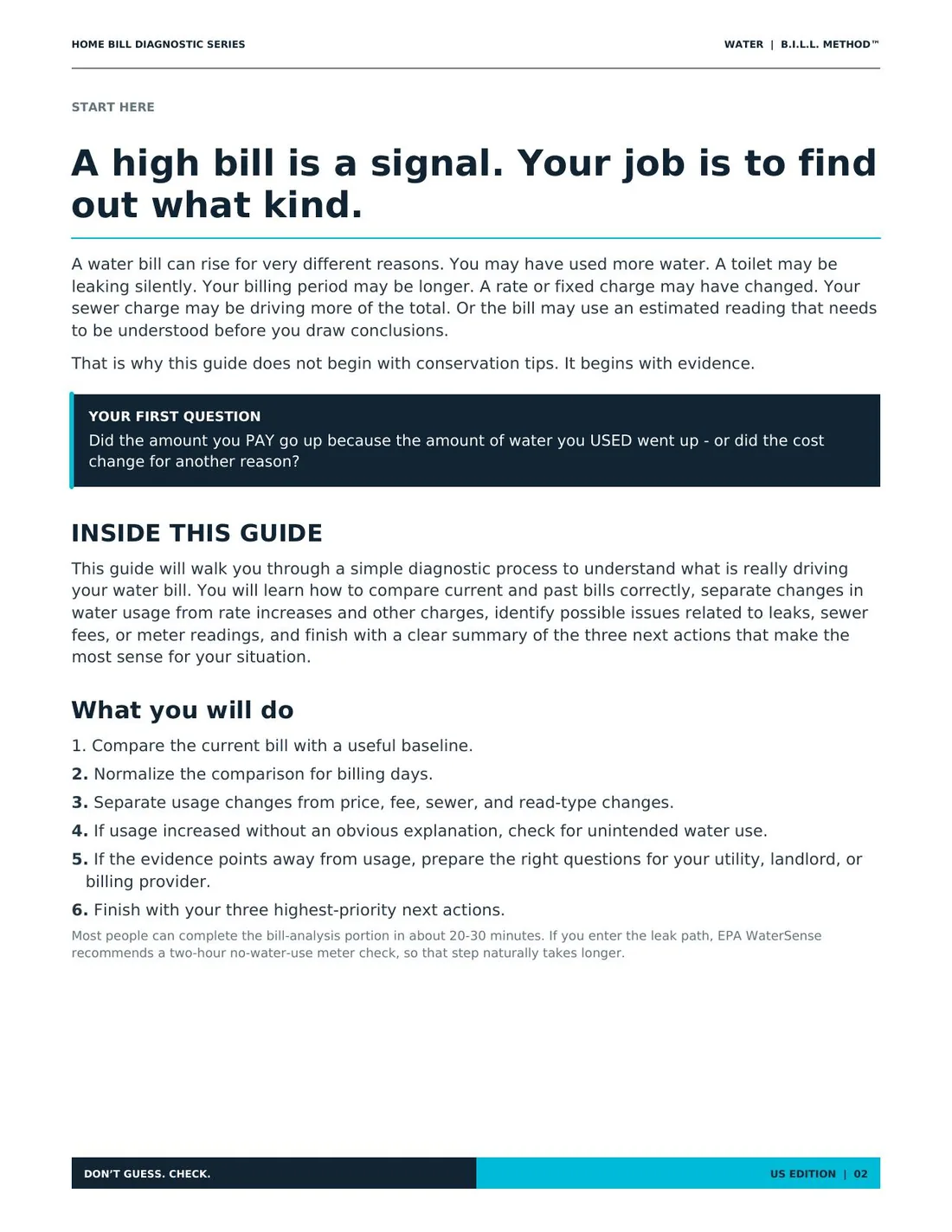 Start Here page from the Water Diagnostic Guide