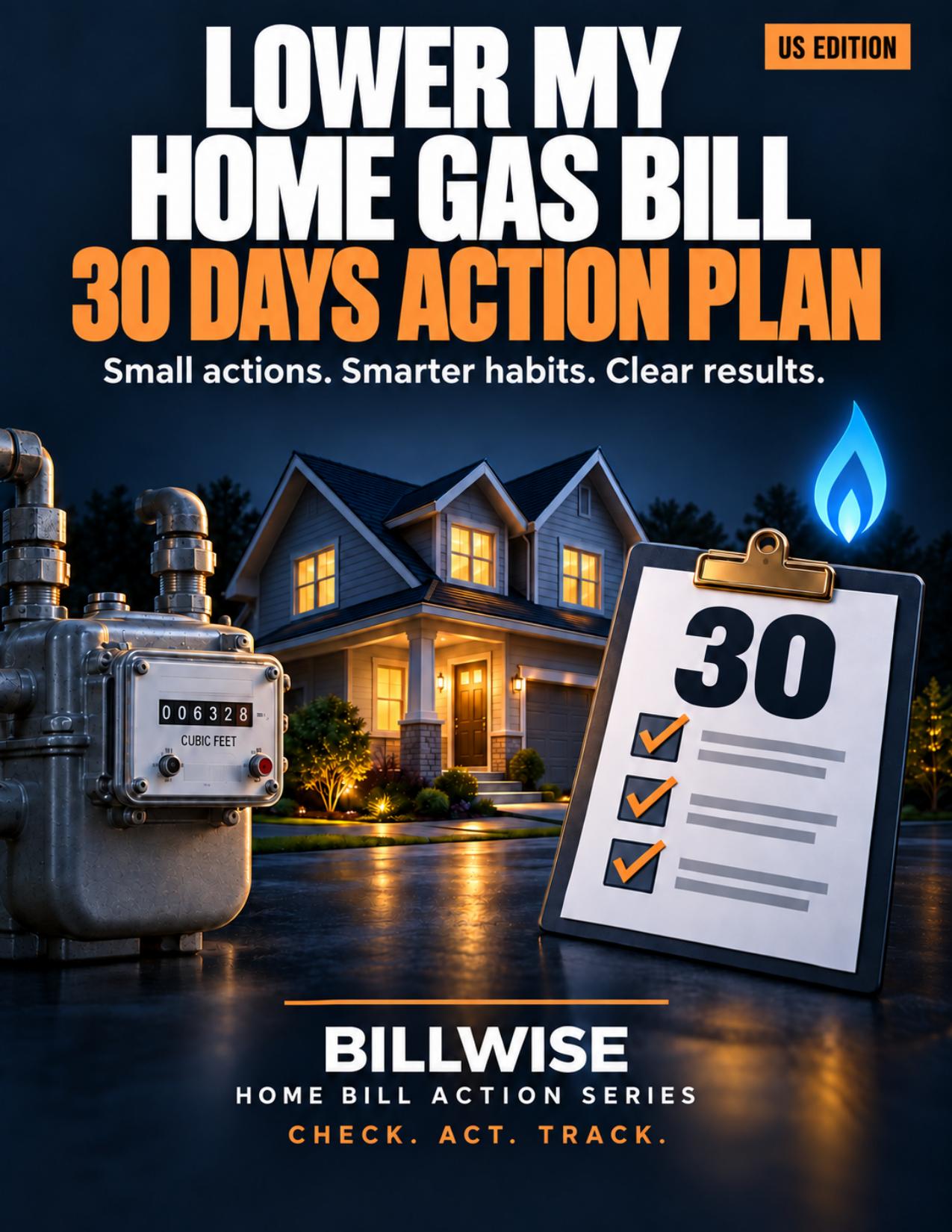 Cover of the BillWise guide Lower My Home Gas Bill: 30-Day Action Plan, US Edition