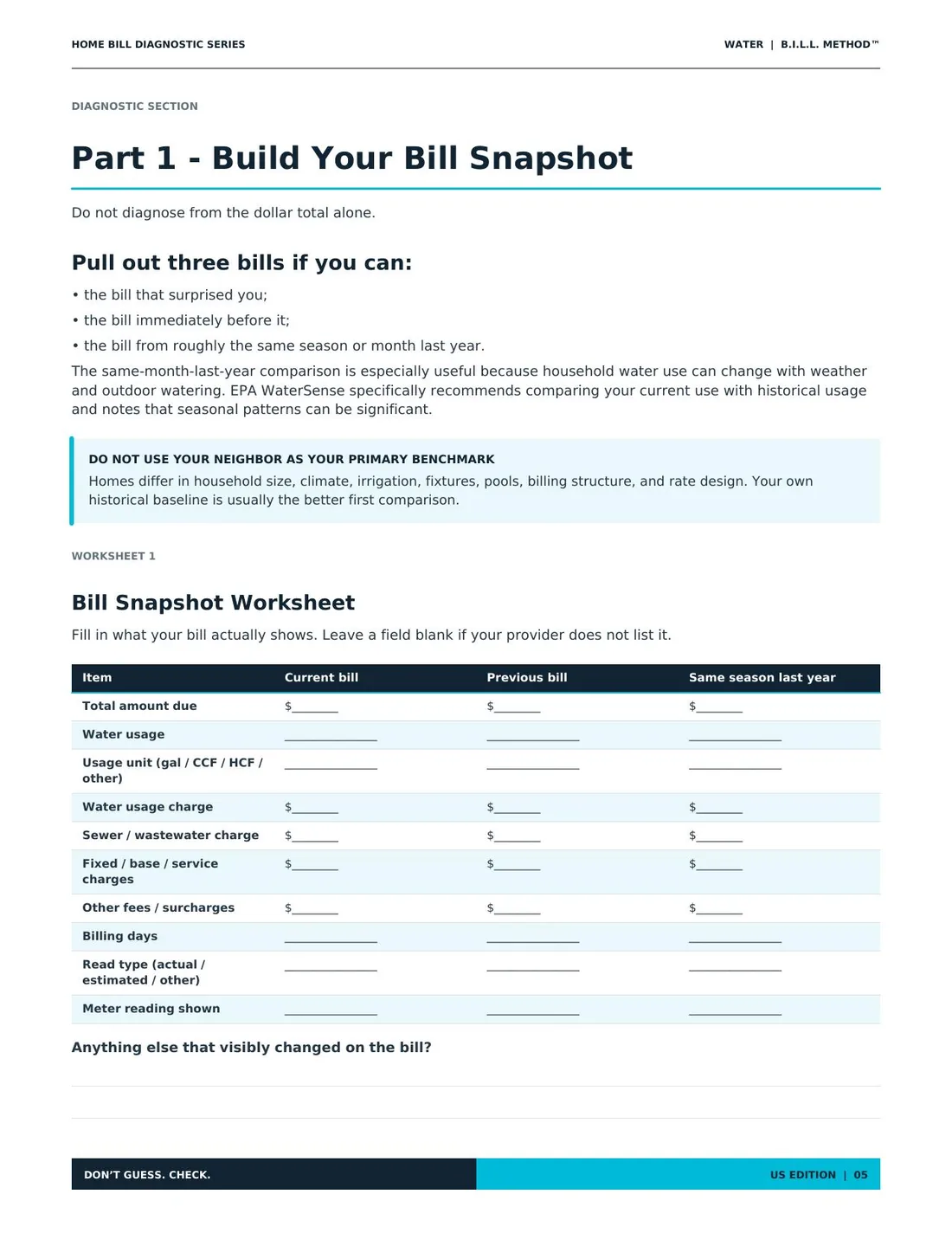 Bill Snapshot worksheet from the Water Diagnostic Guide