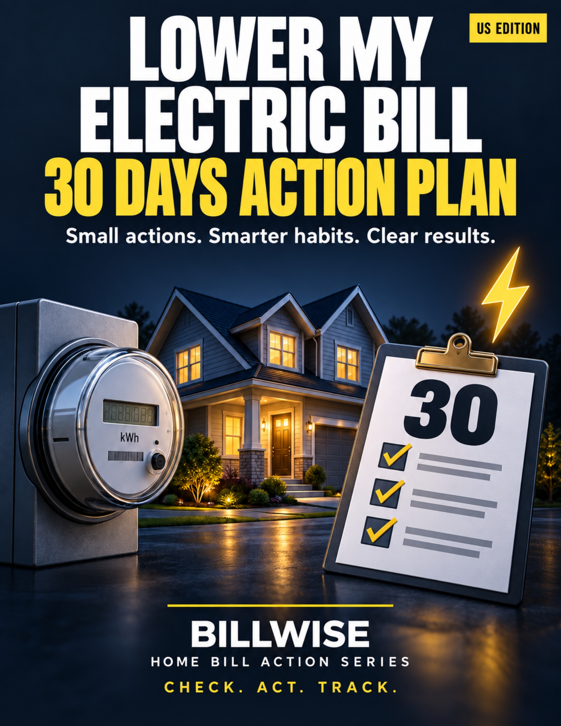 Cover of the BillWise guide Lower My Electric Bill: 30 Days Action Plan, US Edition