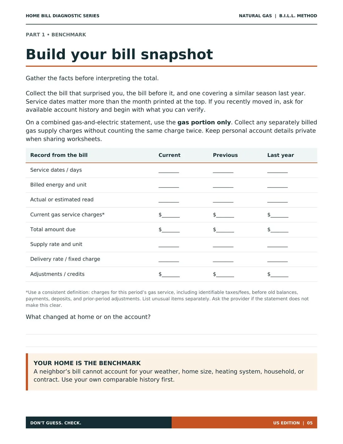 Bill Snapshot worksheet from the Home Gas Diagnostic Guide